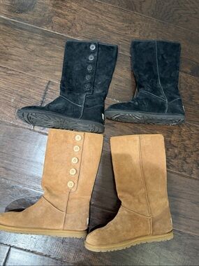 2 PAIRS of UGG Button-Detail Suede Mid-Calf Boots - Black & Chestnut